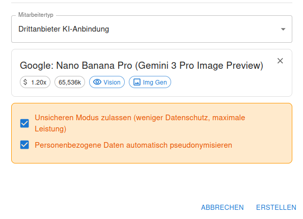 Gewähltes Modell und Datenschutz-Checkboxen